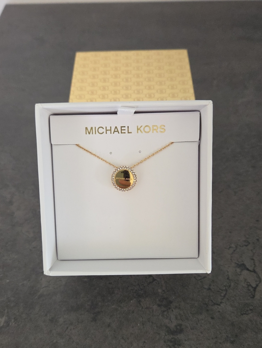Michael Kors Gold Crystal Halo Disc Pendant Necklace